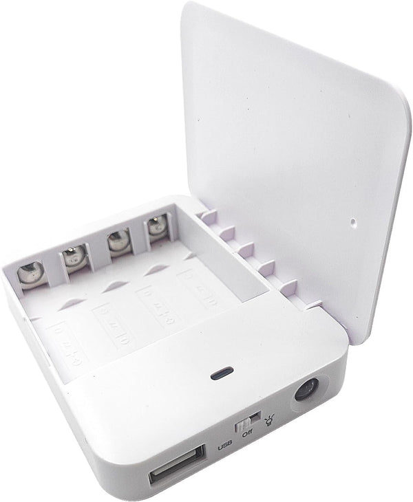 Portable Battery Operated Phone Charger | USB Power Bank with 4 AA Batteries, Emergency Outlet (White)