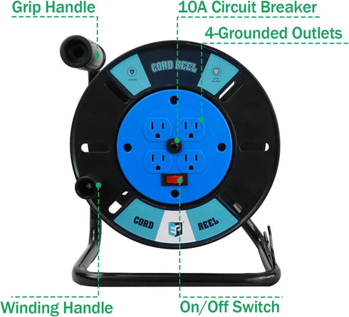 EP Extension Cord Storage Reel with 4-Grounded Outlets, Heavy Duty Open Cord Reel for 12/3 14/3 16/3 Power Cords,