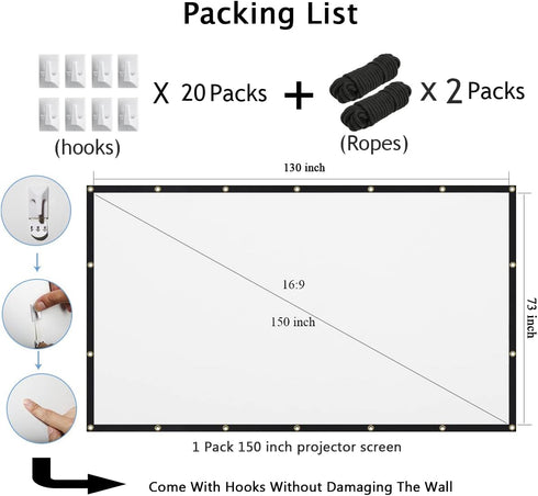Mdbebbron 150 inch 16:9 Projection Screen Foldable Anti-Crease Portable Projector Movies Screen for Office Home Theater