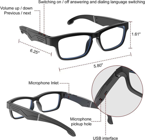 Smart Glasses with Bluetooth Speakers, One-Click Control, Clear Calls, Anti-Blue Light Lenses for Men Women - Black