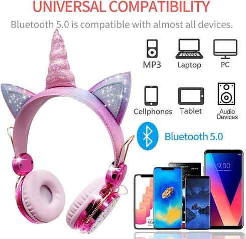 Unicorn Kids Headphones - Wireless Bluetooth Headset w/Mic, Adjustable Over-Ear Design for Smartphones, Tablets &