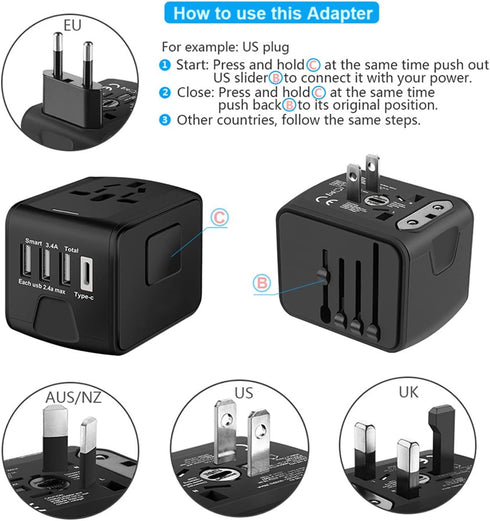 Universal Travel Power Adapter with High Speed 2.4A USB, 3.0A Type-C, Worldwide AC Outlet Plugs, Black