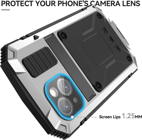 360 Full Body Heavy Duty Protection Case for iPhone 15 Plus, Rugged Aluminum Stan with Built-in Screen Protector, Silver