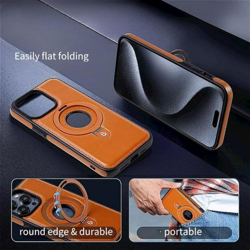 Luxury Leather Invisible Stand Phone Case Cover for iPhone 12-15, Metal Magnetic Folding Stand (Brown, iPhone 13 Pro)