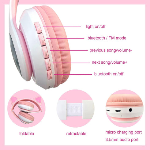 Wireless Headphones for Kids, Cat Ear LED Light Up Bluetooth Headphones with Microphone for