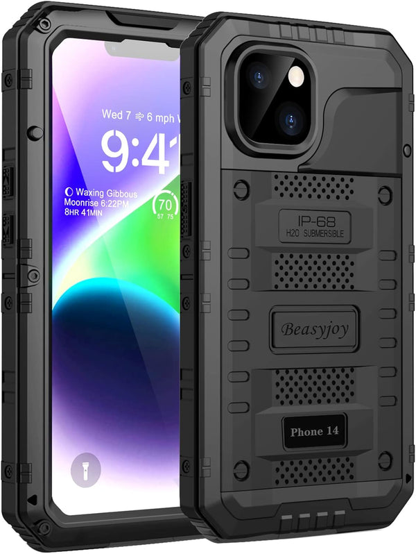 Beasyjoy iPhone 14 Case Waterproof, Heavy Duty Metal Full Body Protective Case with Built-in Screen Protector, Military