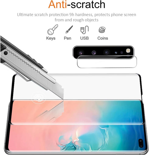 Samsung Galaxy S10+ Tempered Glass Screen Protector with Camera Lens Protector, Clear Full Screen Coverage