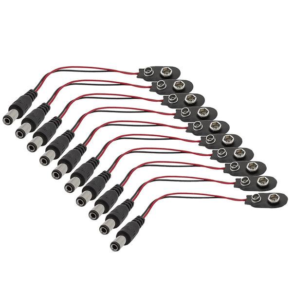HiLetgo 10pcs 9V I-Type Battery Clips, Snap-on Leather Battery Buckle Connector with DC 5.5x2.1mm Male Plug