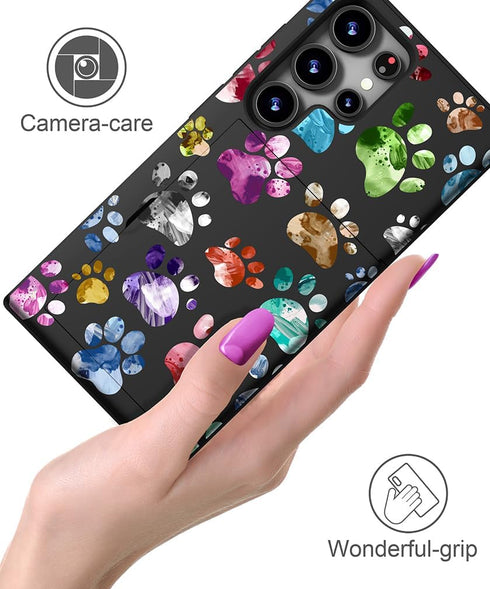 Cute Samsung Galaxy S24 Ultra Case with Card Holder, Slim Wallet Phone Case for Women, Colorful Doodle Paws Design