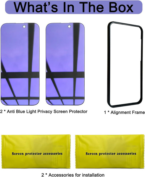 2 Pack Privacy Screen Protector for iPhone 15 Pro with Alignment Frame, Anti-Spy Anti-Blue Light Tempered Glass