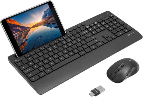 X9 Wireless USB-C Keyboard and Mouse Combo, Dual USB Port Compatibility, Versatile Wireless Set with 8" Phone Stand and