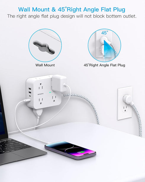 Surge Protector Power Strip, 15 Ft Long Cord with 8 Outlets and 4 USB Ports, Flat Plug for Home Office