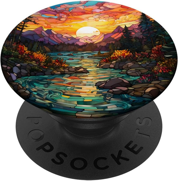 Sunset Stained Glass Mosaic Landscape Scene PopSockets Swappable PopGrip