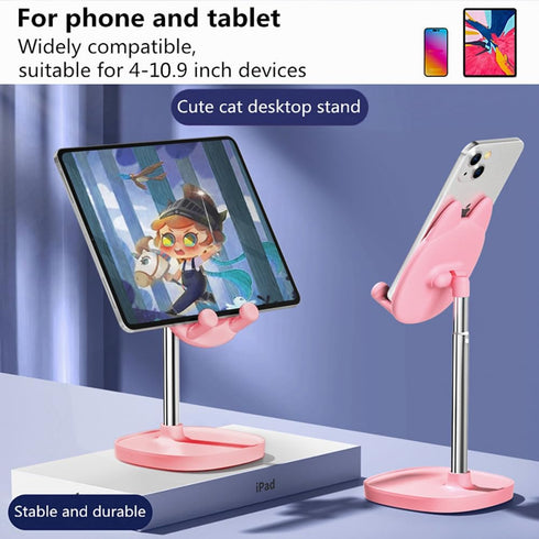 Cute Cat Phone Stand, Cat Head Cell Phone Holder for Desk,Angle&Height Adjustable Compatible with All Smartphone,iPhone,Samsung,Tablet,iPad-Pink