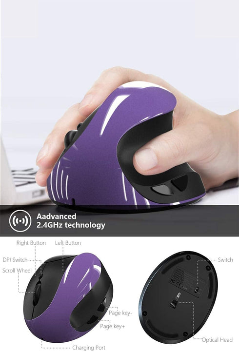 Ergonomic Vertical Mouse, Wireless 2.4G Rechargeable Optical Mouse with Adjustable DPI for Small Hands