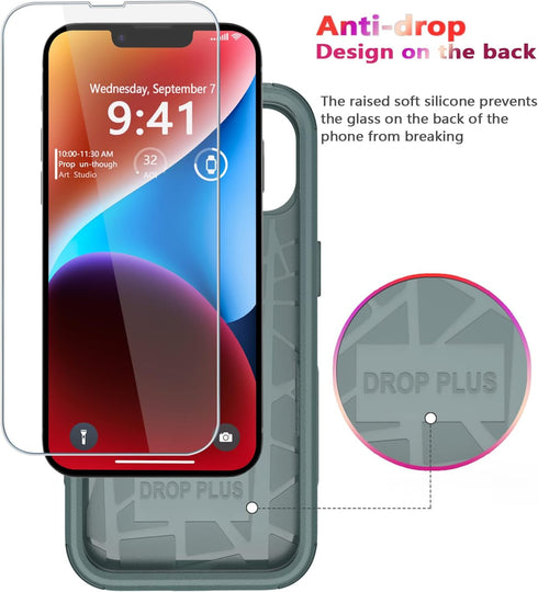 Diverbox Heavy Duty Case for iPhone 14, Shockproof, Tempered Glass Screen + Camera Lens Protector, Pine Green