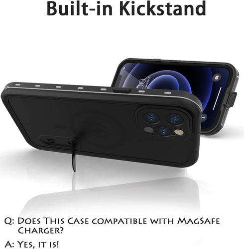 Diverbox Waterproof Case for iPhone 12 Pro Max, Durable Shockproof Cover with Kickstand & Screen Protector (Black)