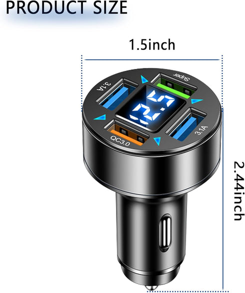 66W Fast Car Charger, 4 Ports Cigarette Lighter USB Charger with LED Voltmeter, QC3.0/Super Port Fast Charging Adapter