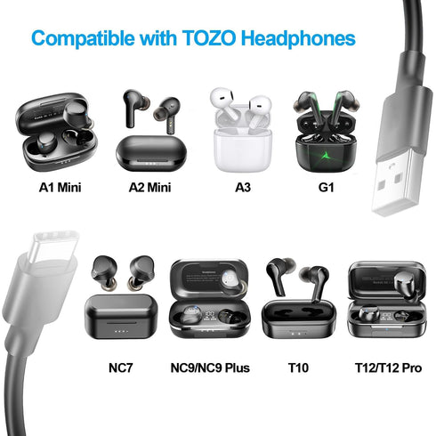 USB C Charger Cable for TOZO HT2 T20 T9 T10 T12 Pro G1 NC9 Hybrid NC2 NC7 A1 A2 Mini True Bluetooth Wireless Earphones, USB A to Type C Replacement Fast Charging Cable (0.5m/Black)