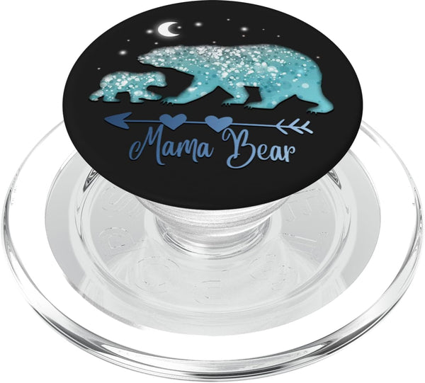 Silver Light Blue Mama Bear One Cub on Black Pattern PopSockets MagSafe PopGrip for iPhone