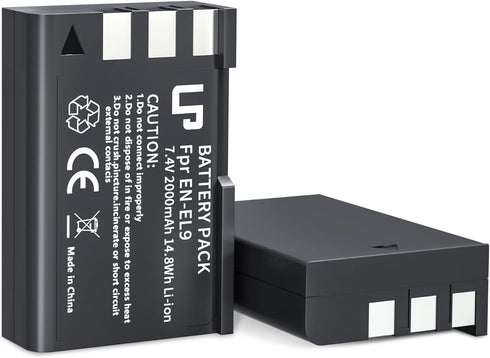 EN-EL9 EN EL9a Battery Pack, 2-Pack Rechargeable Li-Ion Battery Set, Compatible with Nikon Cameras
