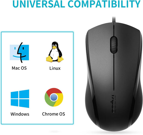 Rapoo Silent Wired Mouse, 1000 DPI Optical Computer Mouse with 5ft Cord, Quiet Button for Laptop, Chromebook, Mac,