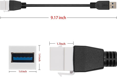 Poyiccot USB 3.0 Keystone Jack Cable, 10Gbps Type A Male to Female Pigtail Extension Cable for Wall Plate Connectors