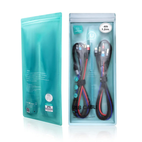 USAMS 2Pack Multi Charging Cable 4FT 4 in 1 Nylon Braided USB Fast Charging for Type C, Micro, and more devices.