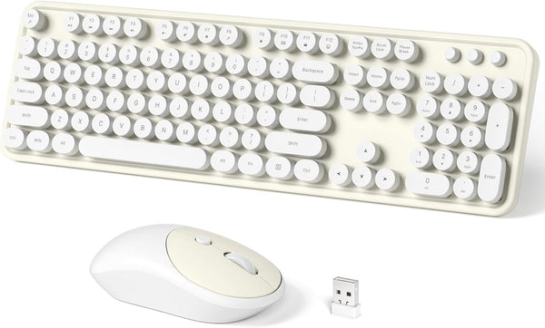 Wireless Keyboard and Mouse Combo, 104 Keys Full-Sized Typewriter Keyboard, 2.4 GHz USB Receiver, Cremy White