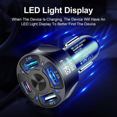 4 Port USB Fast Charging Car Charger, 3 * 2.4 A USB/1 PD20W LED Light, Compatible with iPhone 14 13 12 11 Pro Max,