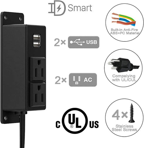 Power Strip with USB Ports, Wall Mounted Flat Plug, 2AC Outlet 2 USB, 6.56 Feet Extension Cord