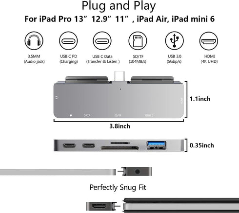 iPad Pro USB C Hub, 7-in-1 Adapter for M4 M2 M1 12.9, 11 inch iPad Air 5 4 with 4K HDMI, USB-C PD, Card Reader
