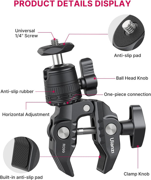 ULANZI Select R099 3.3lb 360 (GoPro/Insta360/DJI), ULANZI Super Clamp Camera Mount - Heavy Duty Load Metal Clamp