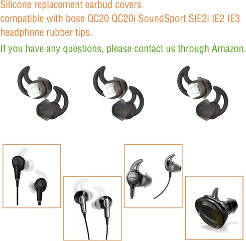 Silicone Earbud Tips for Bose QC20, QC20i, SoundSport, SIE2i, IE2, IE3 - 3 Pairs of Replacement Covers