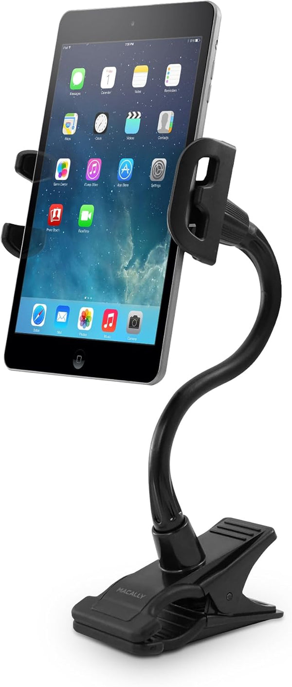 Macally Adjustable Gooseneck Tablet Holder & Phone Clip for Phones & Tablets up to 8” - Black Clip On Clamp