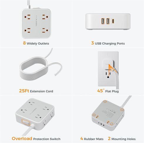 TESSAN Flat Plug Long Extension Cord, 25 Ft, Power Strip with 8 Outlets and 3 USB Ports