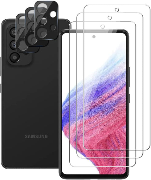(3+3) For Samsung Galaxy A53 5G, 3 Pack Tempered Glass Screen Protector + 3 Pack Camera Lens Protector