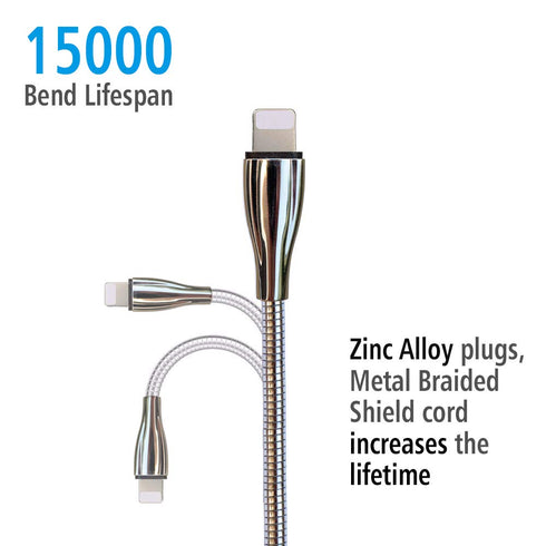 Shop the Silver Metal Braided USB Charging Cable, 3.3ft, Stainless Steel, Tangle-Free, High-Speed Data Sync, Durable
