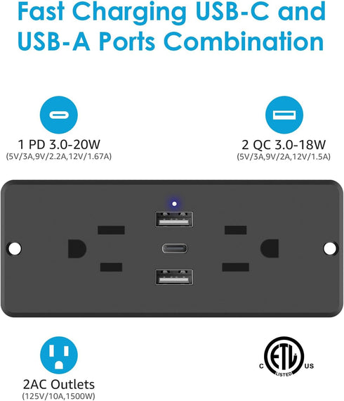 HHSOET 5 in 1 Flat Plug Recessed Power Strip, 20W Fast Charging Outlet with 2 AC Plugs, 2 USB Ports, 1 USB-C, 6ft Cord