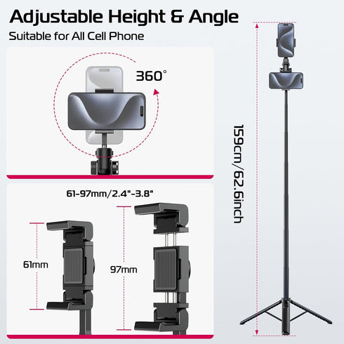 ULANZI MT-70 63" 2 360 Extendable Tripod, Selfie Stick Vlog Tripod Stand with Phone Clips as Teleprompter, Rotate