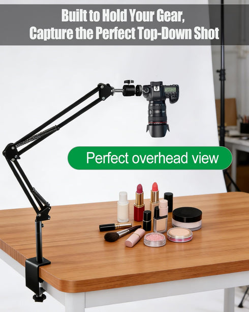 MQHXUY Overhead Camera Mount for Desk, Heavy Duty Adjustable Arm Stand for Phone Webcam DSLR Ring Light