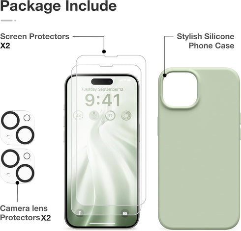 GONEZ Silicone Case for iPhone 14 with 2X Screen Protector & 2X Camera Lens Protector, Liquid Shockproof Cover, Pastel