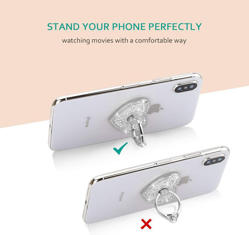 Cell Phone Finger Ring Stand with Sparkly Diamond, Nsiucion Heart Kickstand Holder for All Phones and Tablets