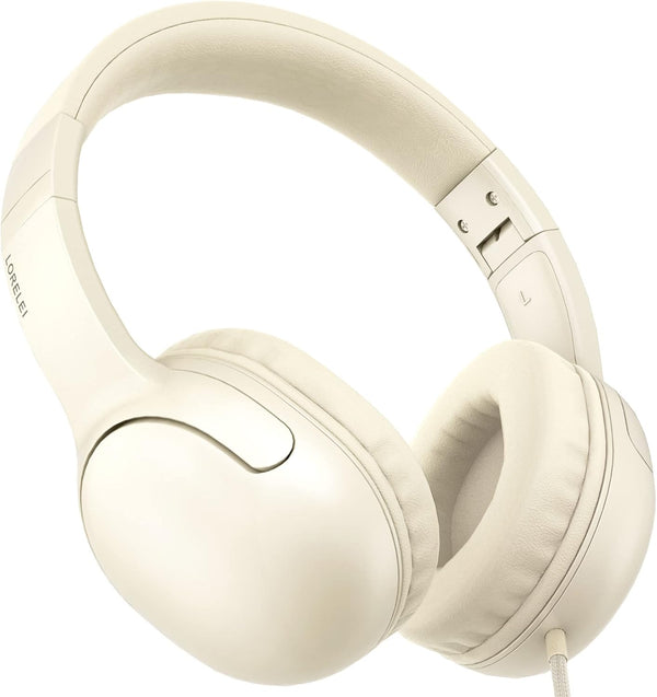 LORELEI E5 Foldable Wired Headphones for Kids - Tangle-Free 3.5mm Jack Stereo On-Ear Headsets (Beige White)