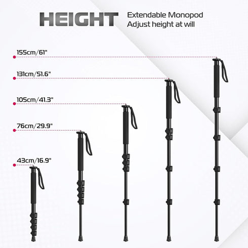 ULANZI TB12 61-Inch Aluminum Monopod, Lightweight 5-Section Height Photography Accessory for Canon, Nikon, Sony DSLR
