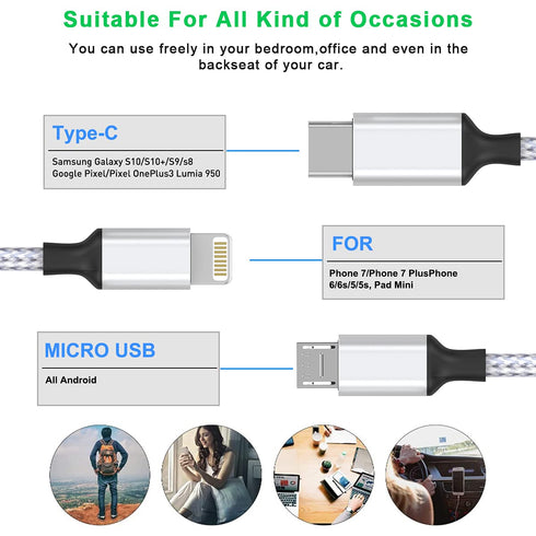 Multi 3 in 1 USB Long iPhone Charging Cable, 3M/10Ft Nylon Braided Universal Phone Charger Cord USB C/Micro USB/Lightning Connector Adapter for Android/Apple/Samsung/LG/Pixel/Huawei/XiaoMi(Gray)