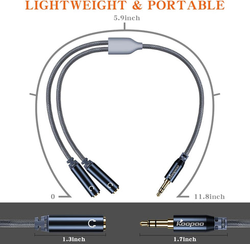 KOOPAO 3.5mm Dual Headphone Jack Adapter - 3.5mm Male to 2 Female Headphone Splitter AUX Audio Cable for Phone, PC