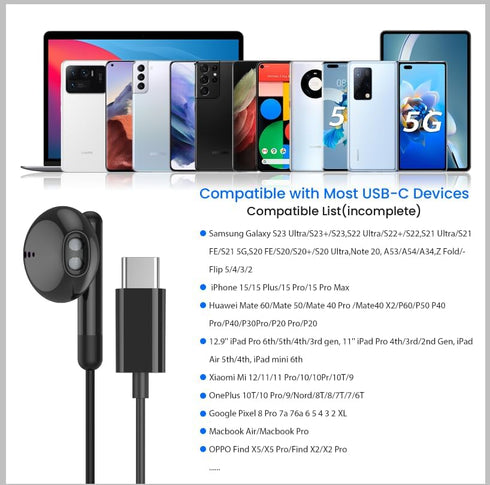 USB C Headphones for iPhone 15 Pro Max, iPad Pro, USB Type C Earphones with Microphone, Wired Earbuds for Google Pixel,