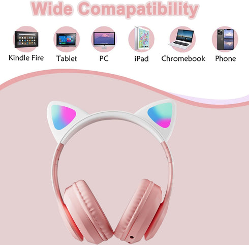 Kids Bluetooth Headphones, Wireless Over-Ear Headphones with Microphone, Cat Ear Design for Girls, Teens, Adults (New