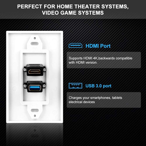 ZEXMTE White HDMI and USB 3.0 Wall Plate Charger Outlet Mount Socket Cover for High-Speed Charging Panel